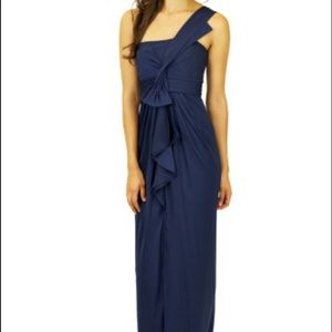 BCBG satin navy evening gown, one shoulder